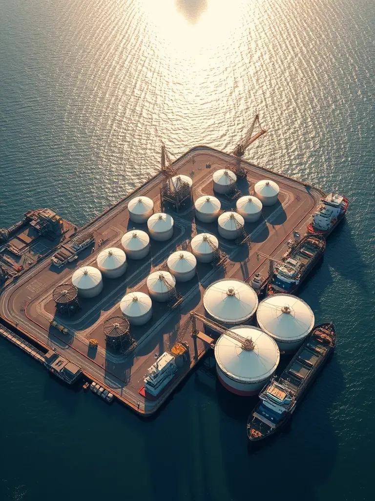 Aerial view of the Qingdao tank farm, showing its modern infrastructure, storage tanks, and strategic location near the port, with ships docked nearby.