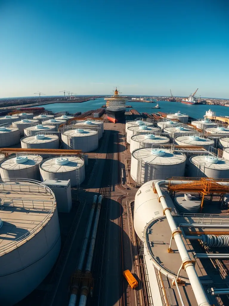 Aerial view of the Rotterdam tank farm, emphasizing its large-scale operations, numerous storage tanks, and strategic location within the port of Rotterdam.