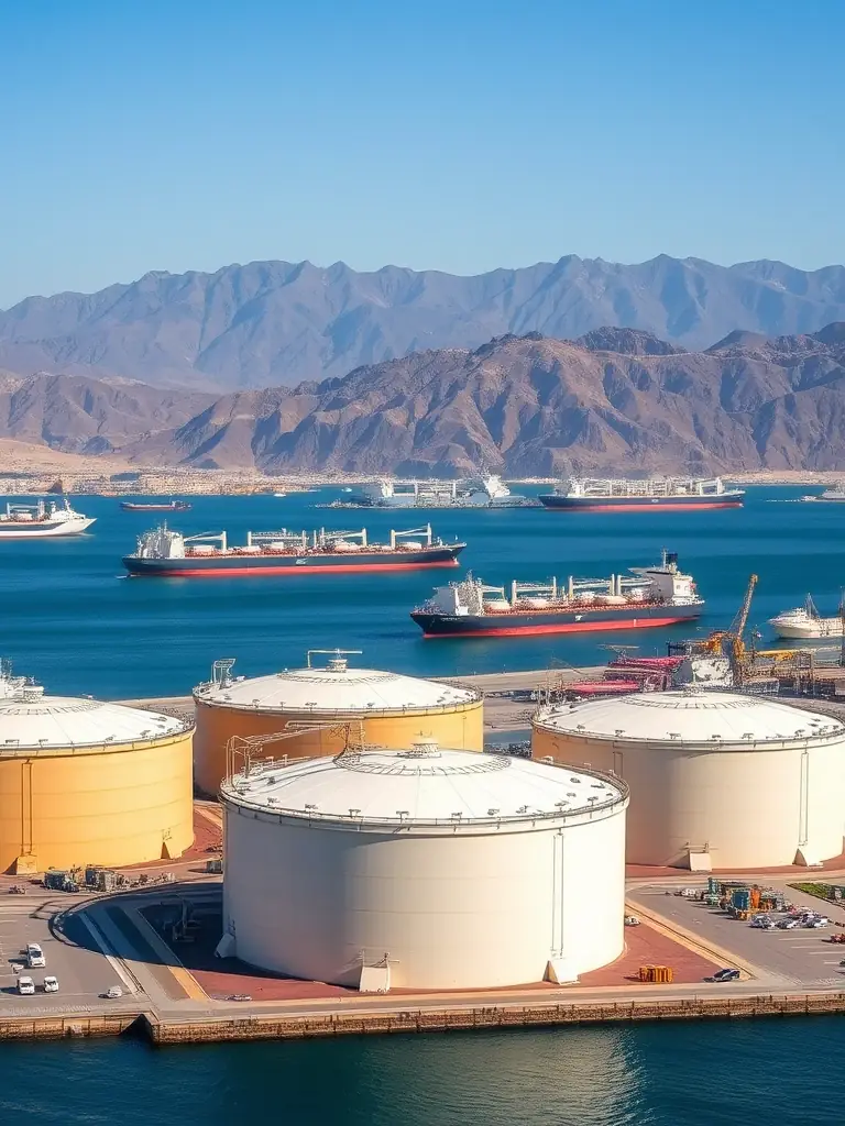 Aerial view of the Fujairah tank farm, showcasing its extensive storage capacity and strategic location near the port, with multiple storage tanks and connecting pipelines visible.